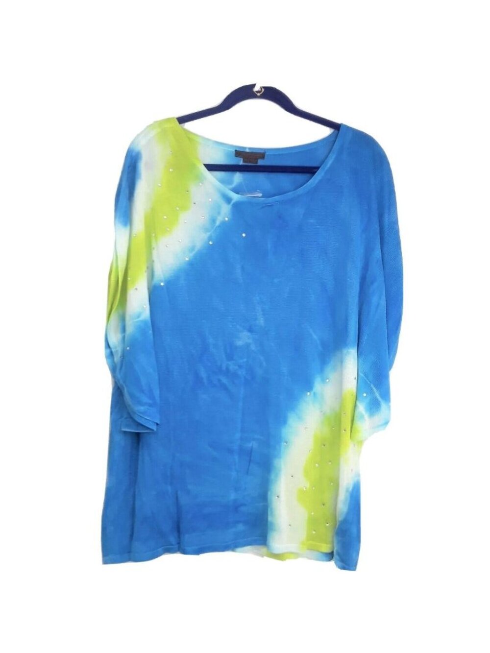 Fontana Blue Tie Dyed Knit Dolmen Shirt Womens XL With Rhinestone XL Short Sleev